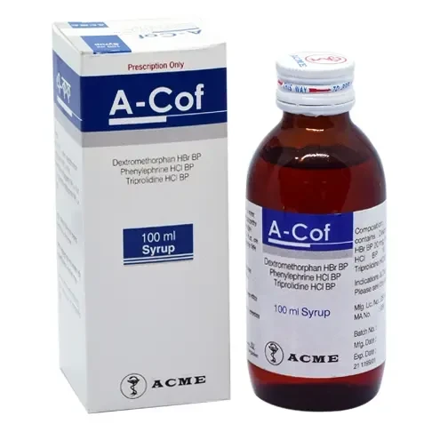 A-Cof Syrup 100 ml bottle, Dextromethorphan + Pseudoephedrine + Triprolidine (10 mg+30 mg+1.25 mg)/5 ml