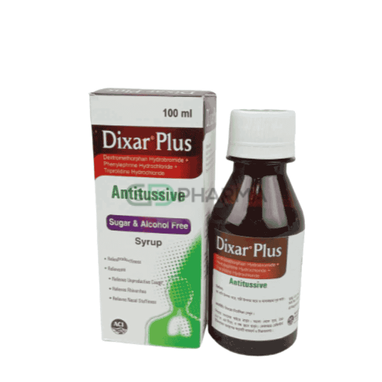 Dixar Plus Syrup (20 mg+10 mg+2.5 mg)/5 ml (Dextromethorphan + Phenylephrine + Triprolidine)