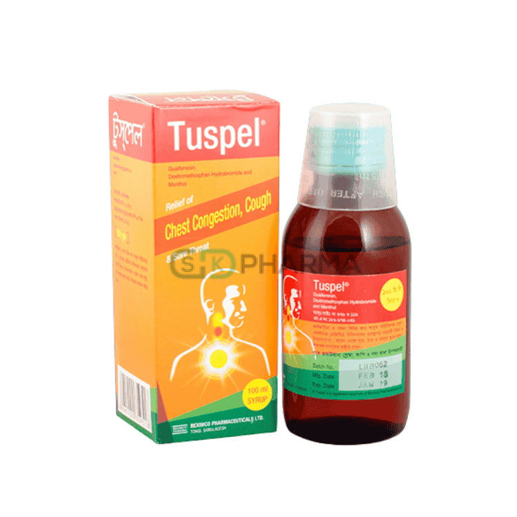 Tuspel Syrup (200 mg+15 mg+15 mg)/5 ml (Guaifenesin + Dextromethorphan + Menthol)