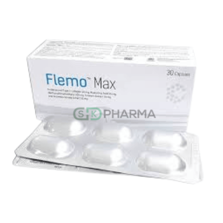 Flemo Max Capsule 20 mg+35 mg+200 mg+50 mg+50 mg (Undenatured Type II Collagen + Hyaluronic Acid + Methylsulfonylmethane + Turmeric + Boswellia serrata)