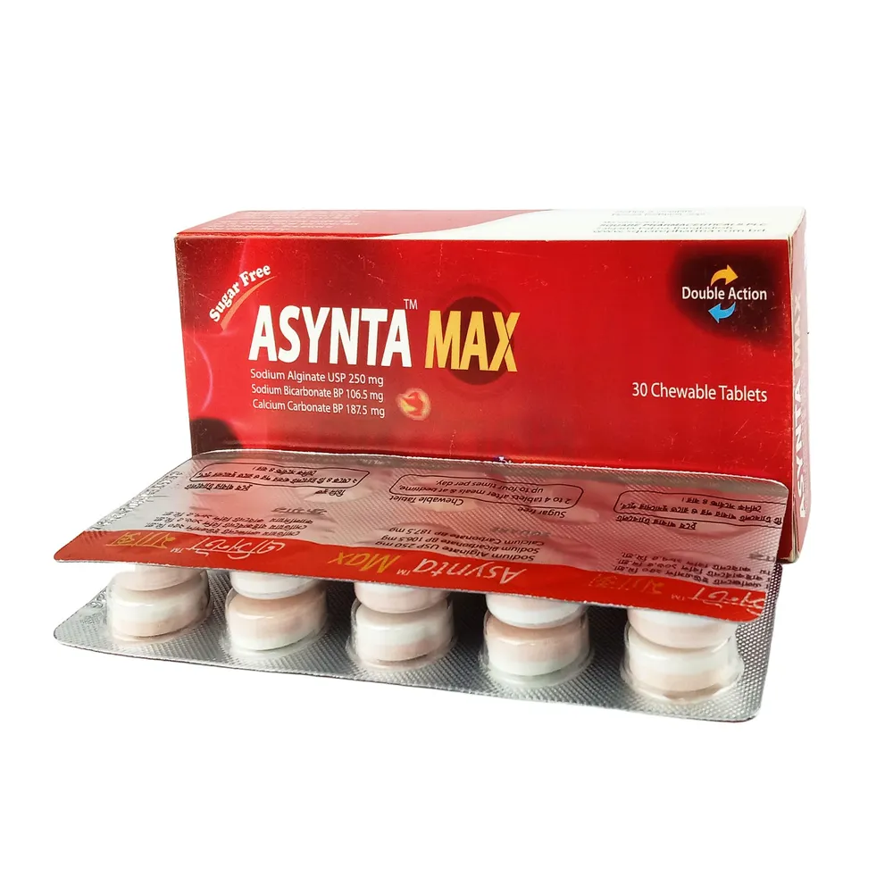 Asynta Max Chewable Tablet 250 mg+106.5 mg+187.5 mg (Sodium Alginate + Sodium Bicarbonate + Calcium Carbonate)